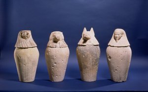 Set di quattro vasi canopi appartenenti a Djedbastetefankh, dalla sua tomba a Hawara, Periodo Tardo, c.380-342 a.C.